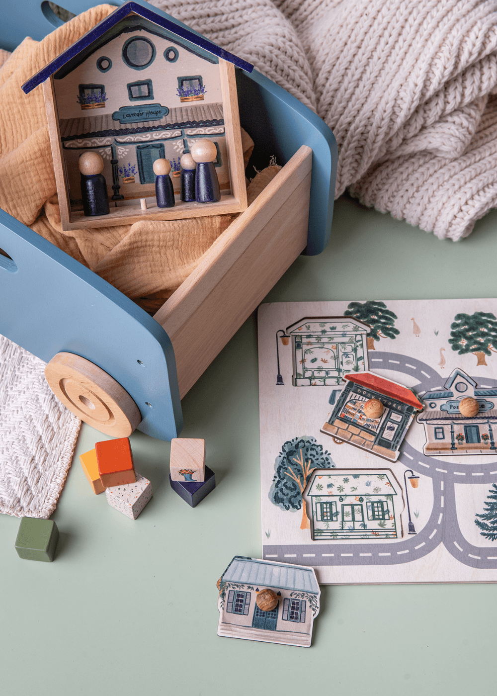Wooden Push and Pull Toy Wagon in blue.