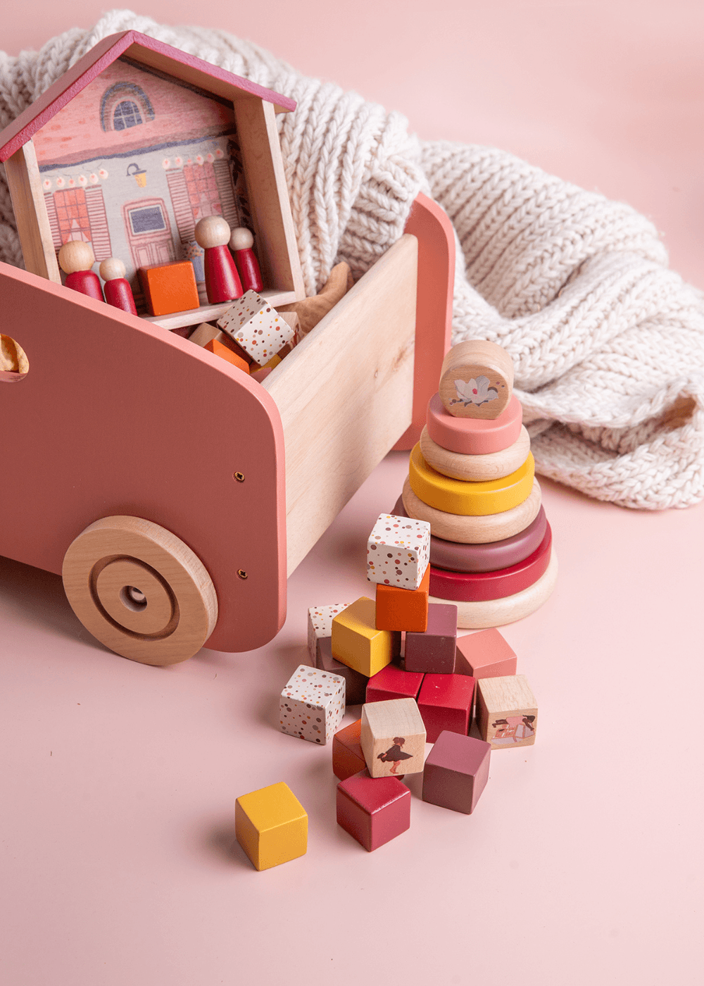 Wooden Push and Pull Toy Wagon in pink.