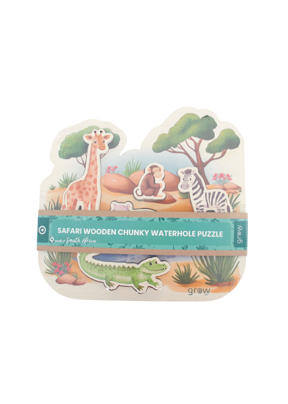 Wooden Chunky Puzzle - Animal Watering Hole with giraffes, zebra, and crocodile in colourful safari design.