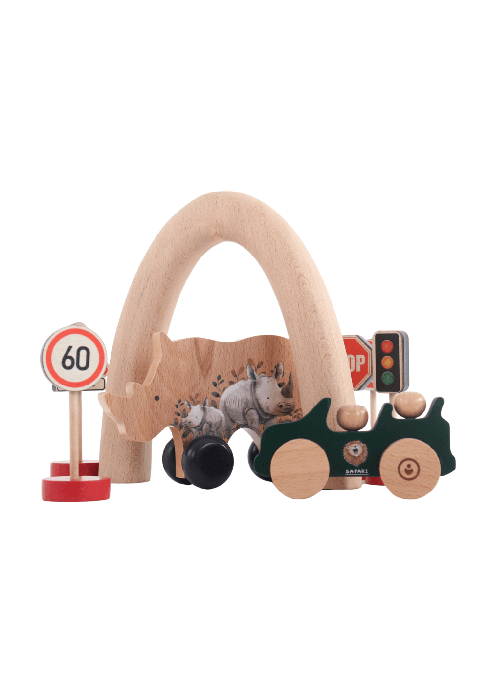 Wooden jeep push car on Safari alongside animal figures and road signs for imaginative play.