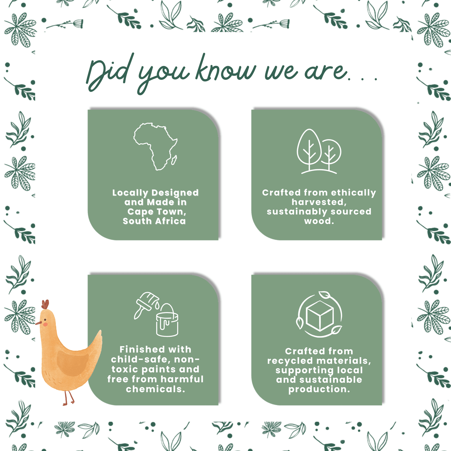 An infographic highlighting the wooden road sign toy set with eco-friendly features of a product, including local design, ethical sourcing, and child-safe materials..