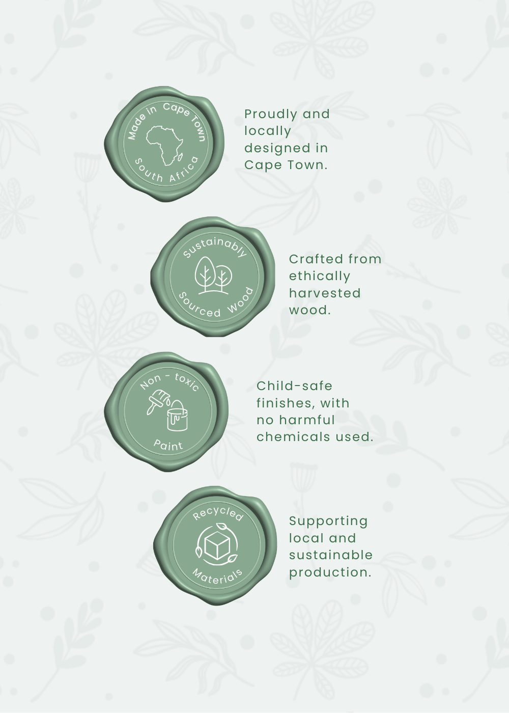 Wooden shape sorter features: designed in Cape Town, sustainably sourced wood, child-safe finishes, recycled materials.