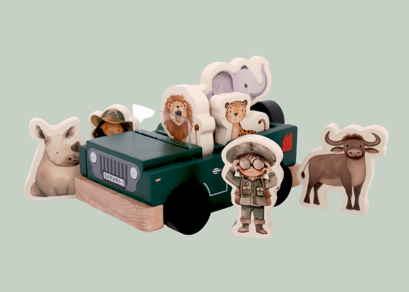 On Safari Collection wooden toy set featuring a safari jeep and various animals.