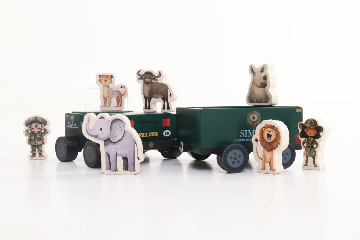 On Safari Collection wooden toy set featuring a safari jeep and various animals.