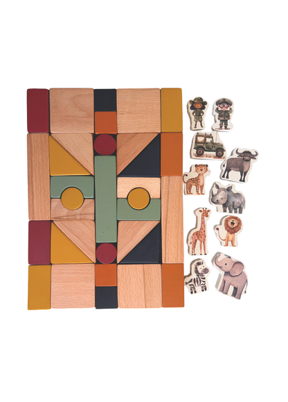Wooden Building Blocks & Play Pieces | 43 pieces | Safari
