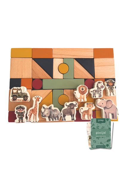 Wooden Building Blocks & Play Pieces | 43 pieces | Safari