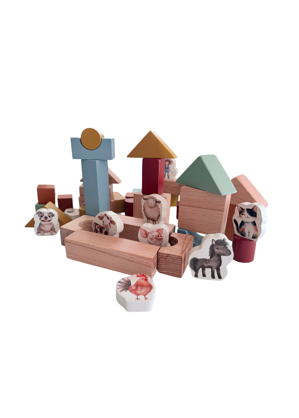 Wooden Building Blocks & Play Pieces | 43 pieces | Farm