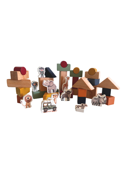 Wooden Building Blocks & Play Pieces | 43 pieces | Safari
