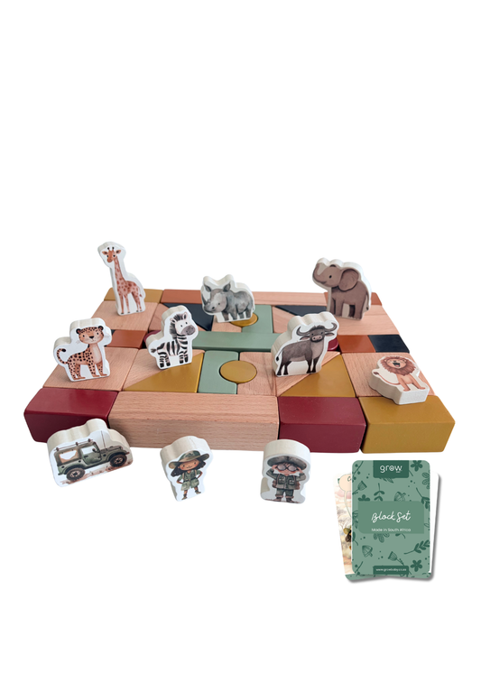 Wooden Building Blocks & Play Pieces | 43 pieces | Safari