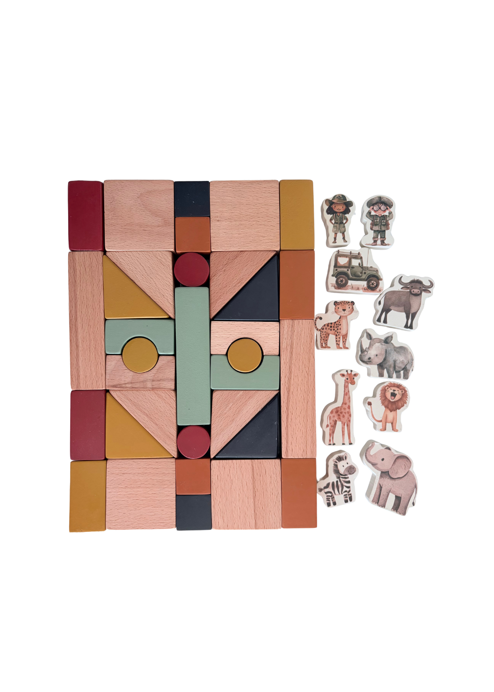 Wooden Building Blocks & Play Pieces | 43 pieces | Safari