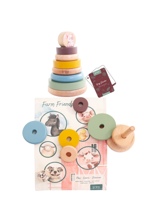 Wooden Ring Stacker & Play Mat | Farm