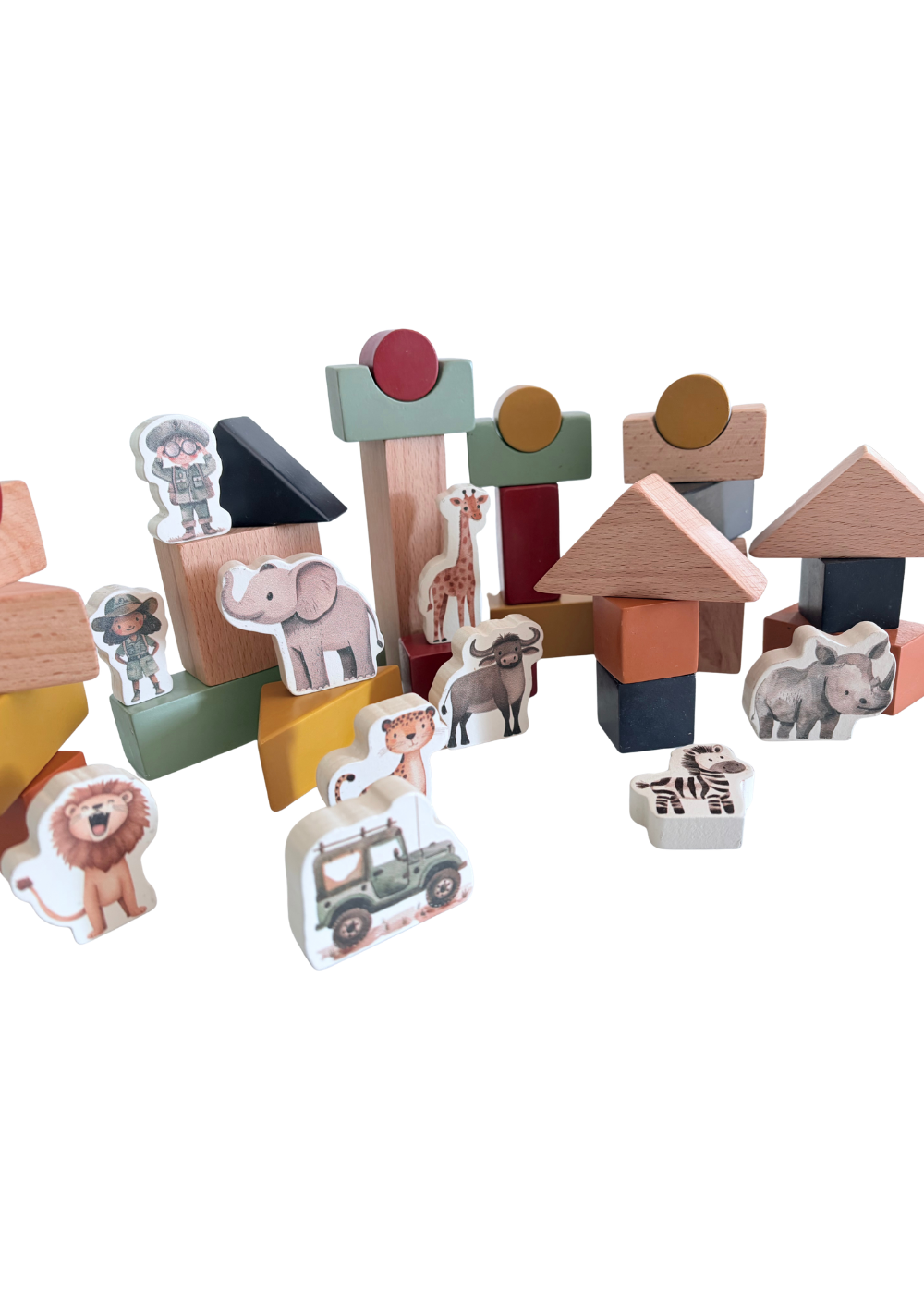 Wooden Building Blocks & Play Pieces | 43 pieces | Safari