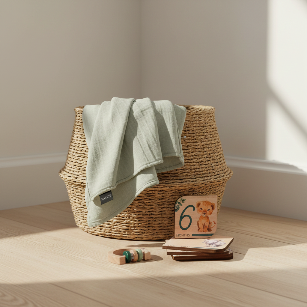 Baby Gift Set featuring Maccie bamboo swaddle, milestone disks, and rattle in a cozy setting.