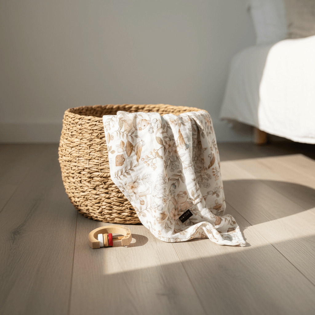 Baby Gift Set featuring a Maccie Swaddle, natural wooden rattle in a bright beautiful room 