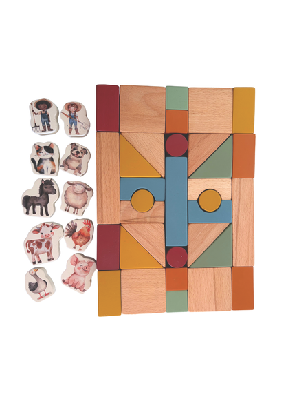 Wooden Building Blocks & Play Pieces | 43 pieces | Farm