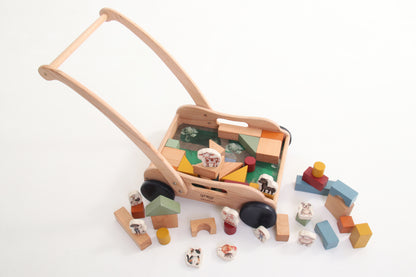 Wooden Block Push Cart & Building Blocks | 44 pieces | Farm