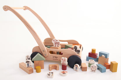 Wooden Block Push Cart & Building Blocks | 44 pieces | Farm