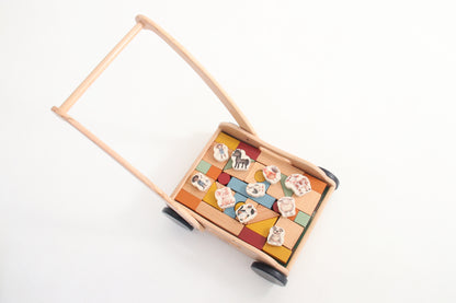 Wooden Block Push Cart & Building Blocks | 44 pieces | Farm