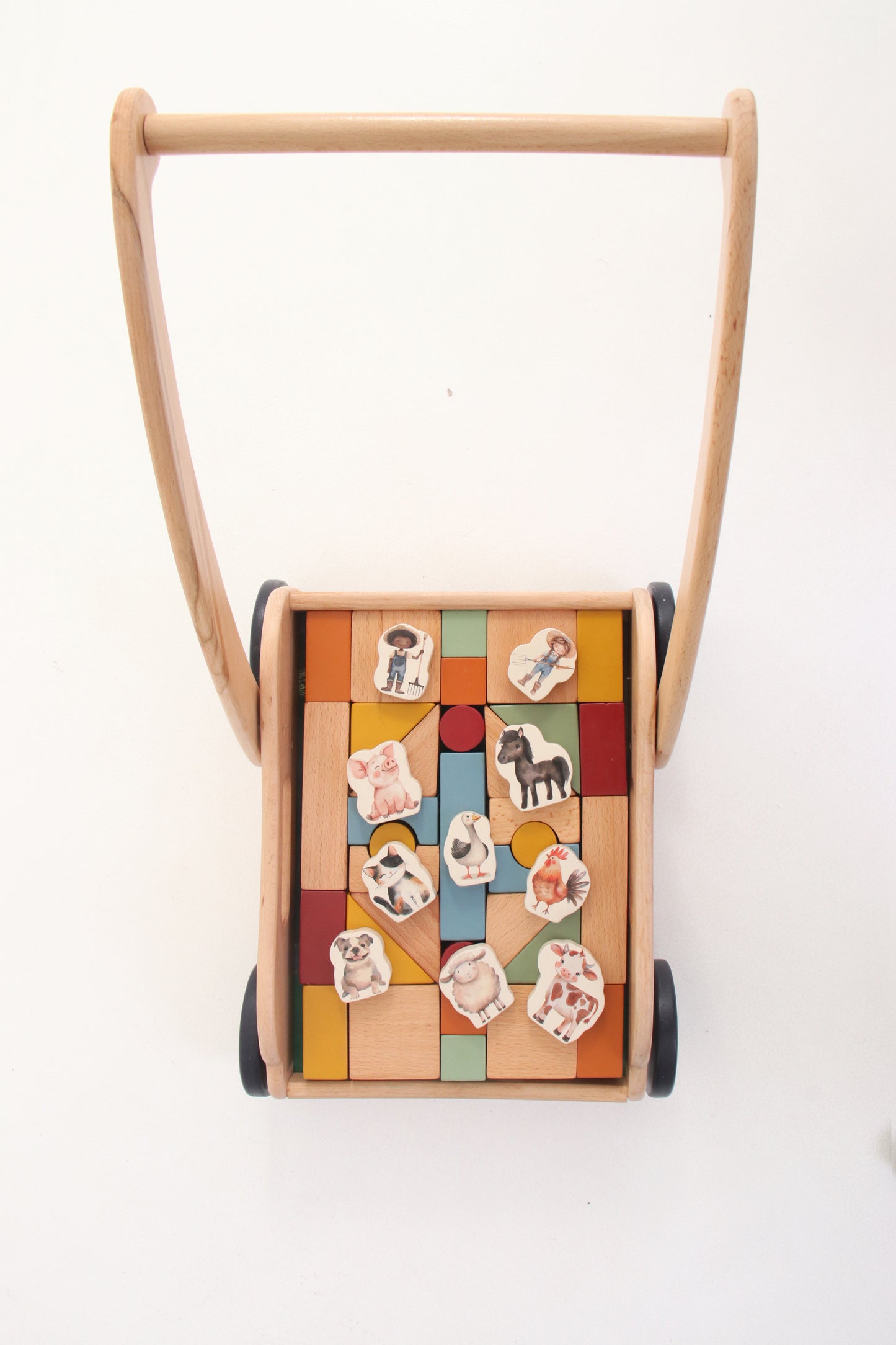Wooden Block Push Cart & Building Blocks | 44 pieces | Farm