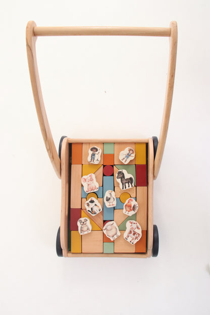 Wooden Block Push Cart & Building Blocks | 44 pieces | Farm