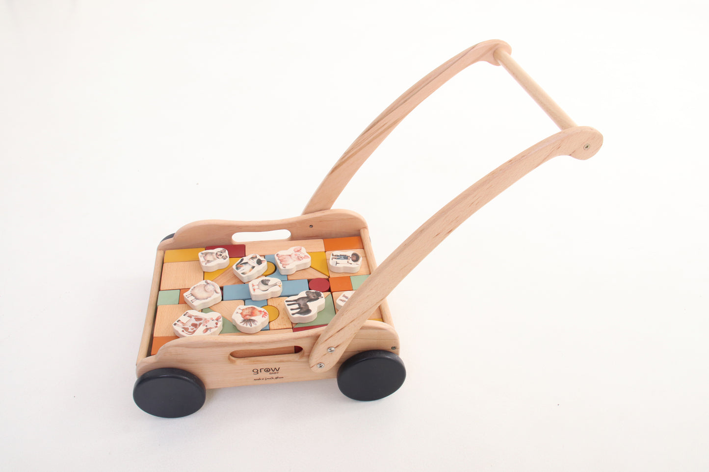 Wooden Block Push Cart & Building Blocks | 44 pieces | Farm