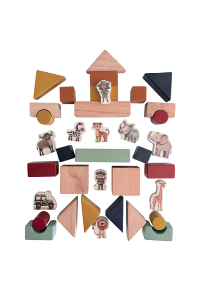 Wooden Building Blocks & Play Pieces | 43 pieces | Safari
