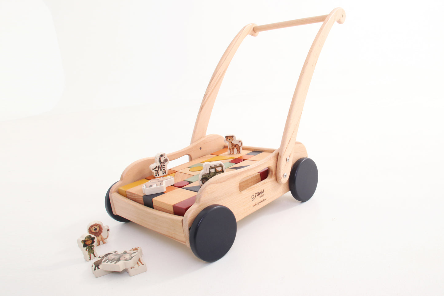 Wooden Block Push Cart & Building Blocks | 44 pieces | Safari