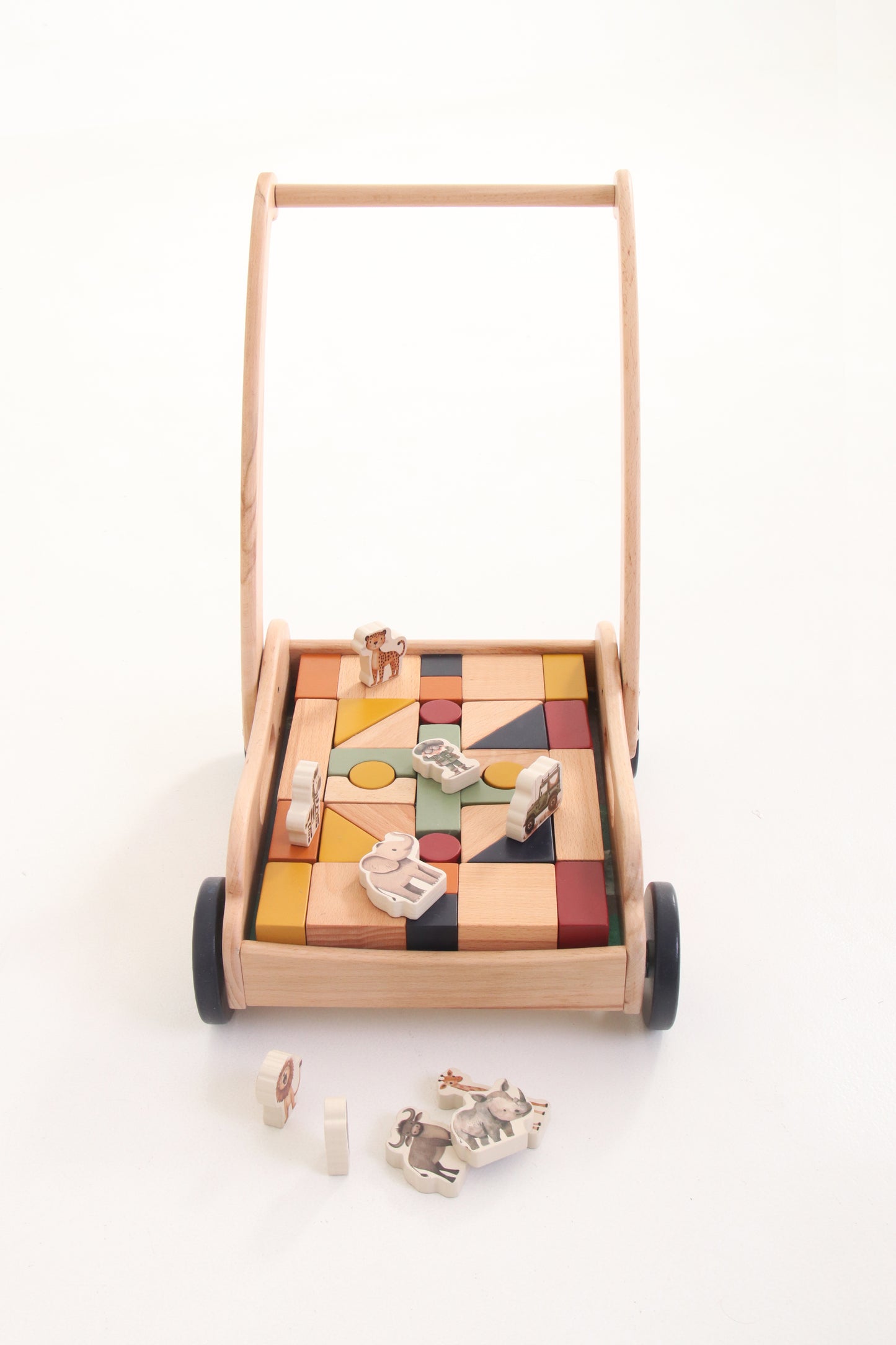 Wooden Block Push Cart & Building Blocks | 44 pieces | Safari