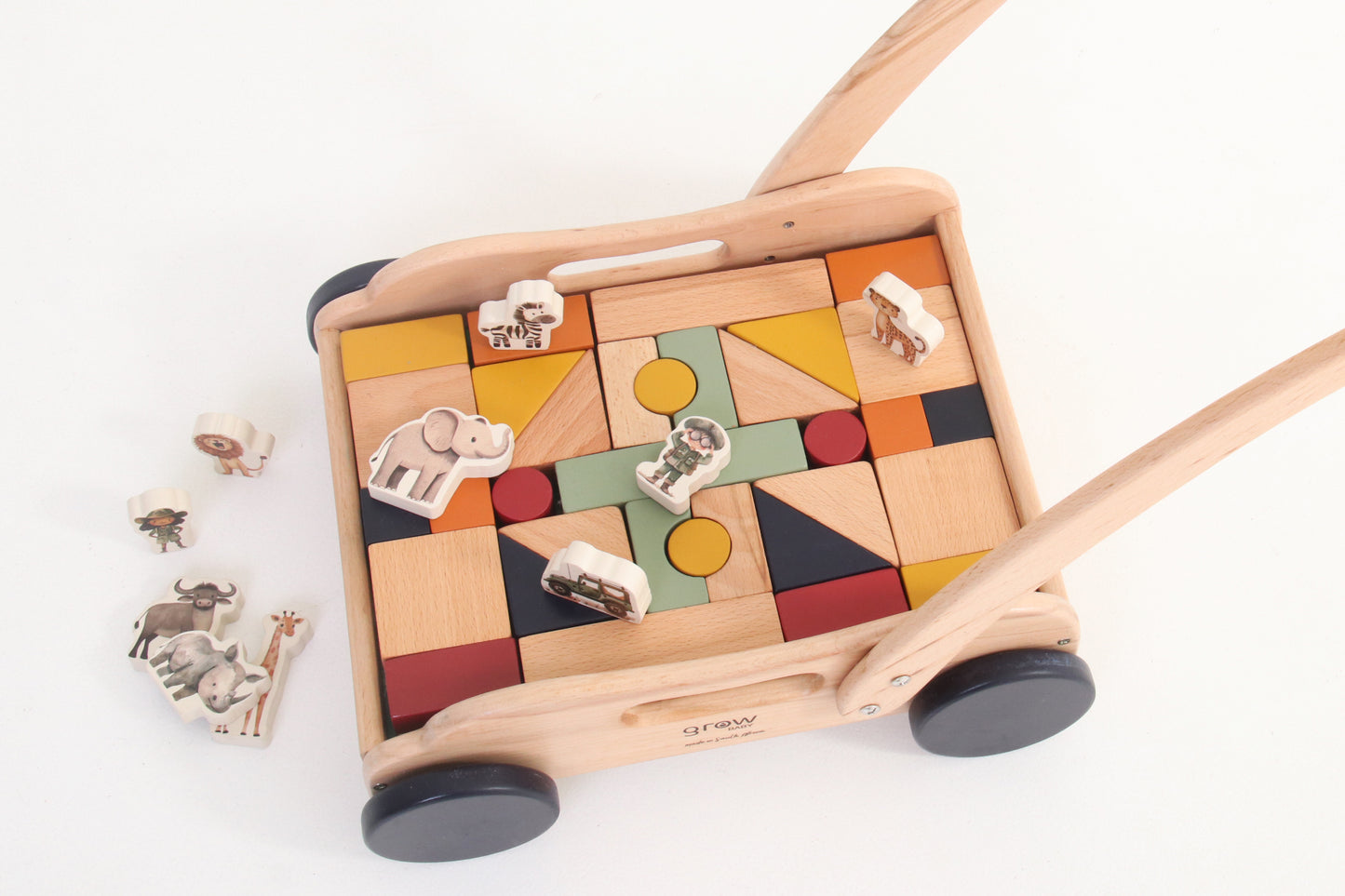 Wooden Block Push Cart & Building Blocks | 44 pieces | Safari