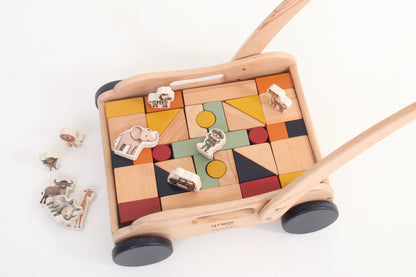 Wooden Block Push Cart & Building Blocks | 44 pieces | Safari