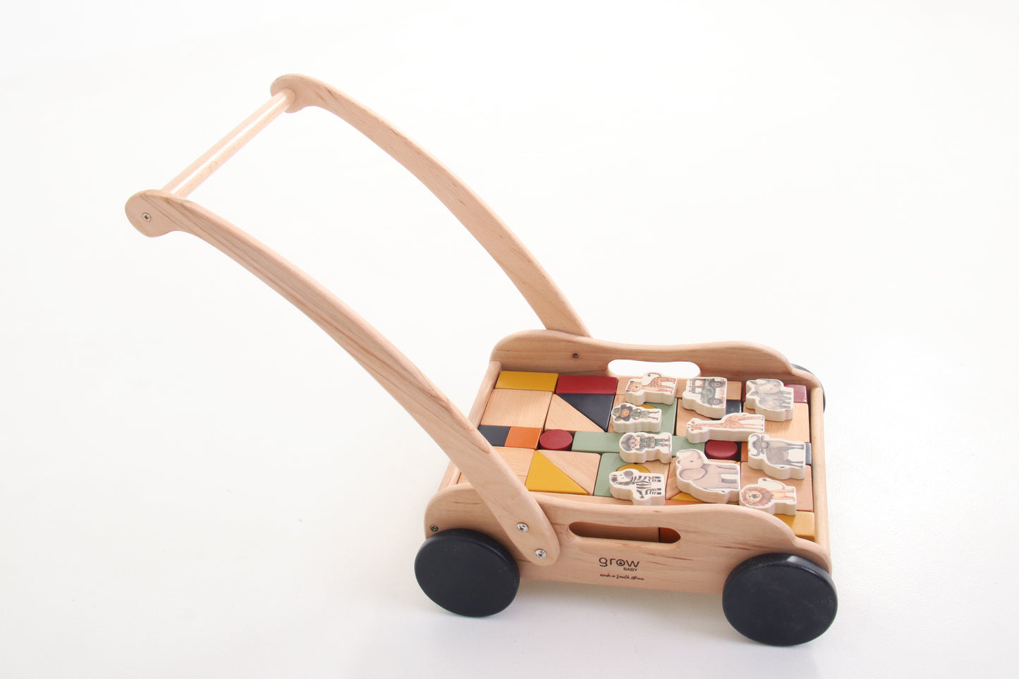 Wooden Block Push Cart & Building Blocks | 44 pieces | Safari