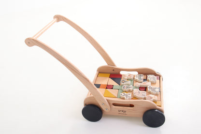 Wooden Block Push Cart & Building Blocks | 44 pieces | Safari