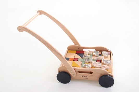Wooden Block Push Cart & Building Blocks | 44 pieces | Safari