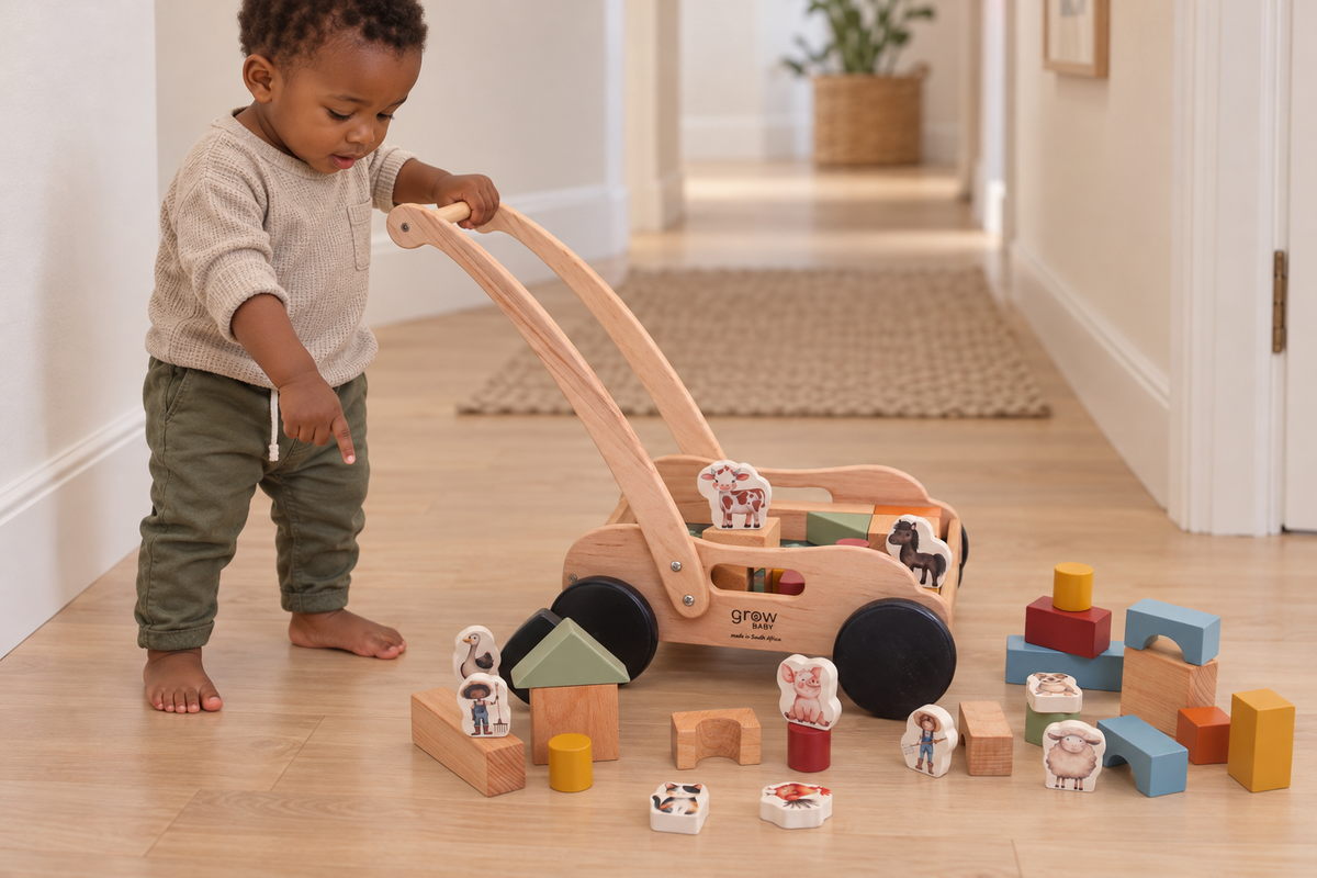 Wooden Block Push Cart & Building Blocks | 44 pieces | Farm