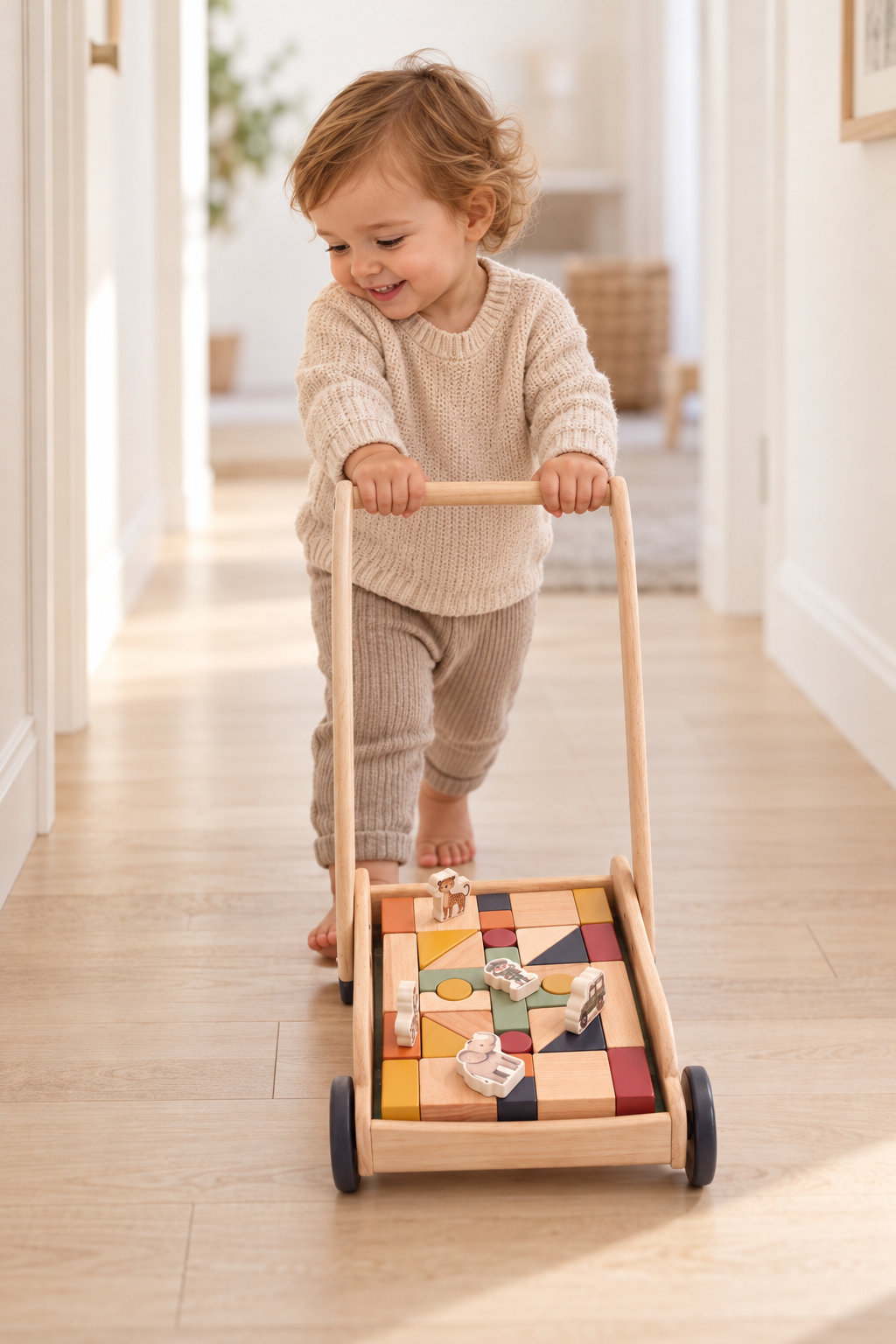 Wooden Block Push Cart & Building Blocks | 44 pieces | Safari