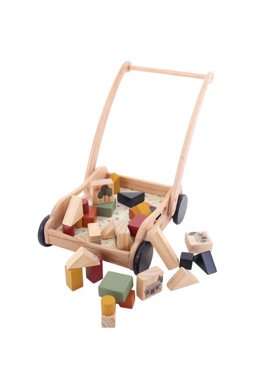 Wooden Toy Block Push Cart ~ 32 Piece Set