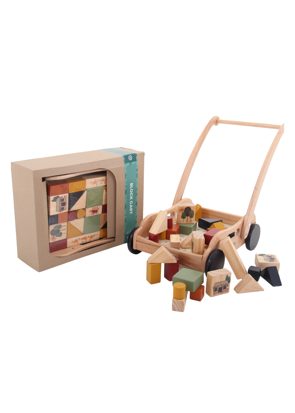 Wooden Toy Block Push Cart ~ 32 Piece Set
