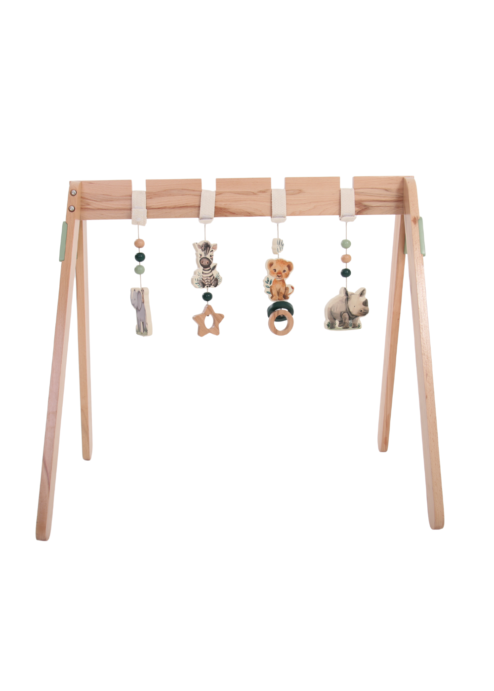Wooden Baby Play Gym - On Safari with hanging toys inspired by South African animals.