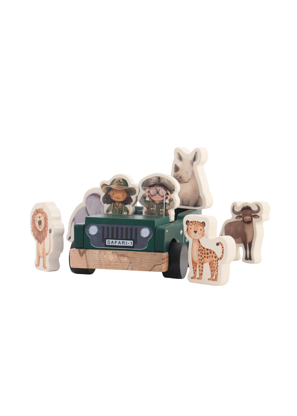 Wooden toy play set featuring safari vehicle, two drivers, and big five animal figures for imaginative play.
