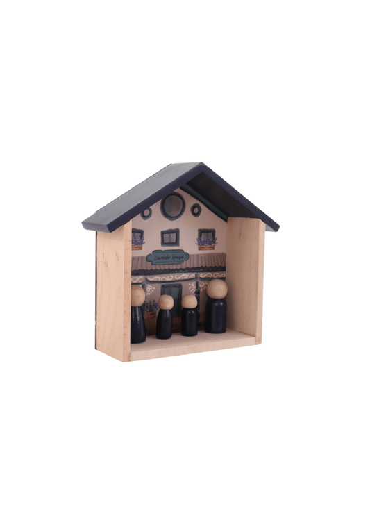 Wooden toy play set featuring Lavender House with peg dolls, part of the Little Greyton Collection.