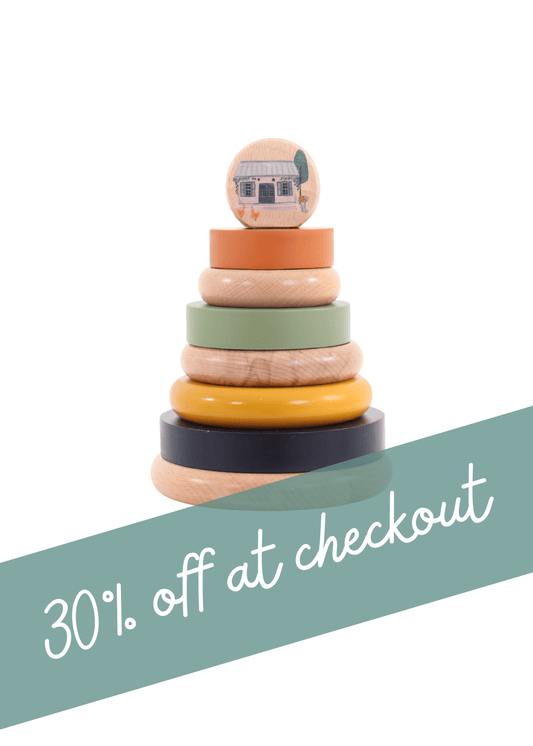 Wooden ring stacker in various colours with a promotion banner stating 30% off at checkout.