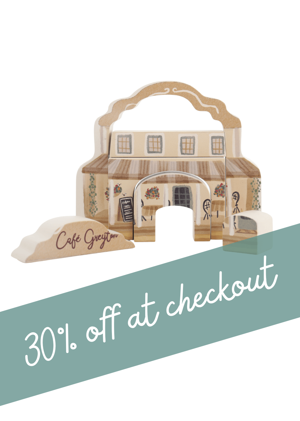 Wooden Stacker Toy in a cafe design with a sign saying 30% off at checkout.