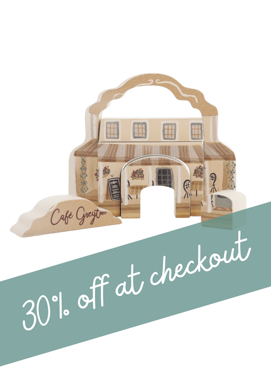 Wooden Stacker Toy in a cafe design with a sign saying 30% off at checkout.