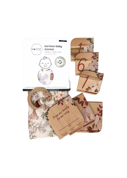 Baby Gift Set ~ Maccie Bamboo Swaddle, Wooden Milestone Disks and Rattle ~Bebe Pure