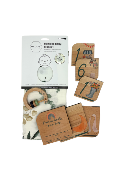 Baby Gift Set ~ Maccie Bamboo Swaddle, Wooden Milestone Disks and Rattle ~ Little Greyton