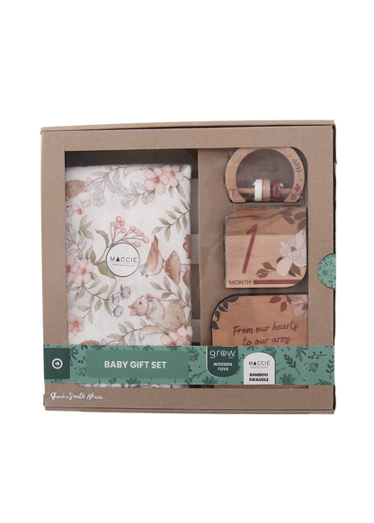 Baby Gift Set ~ Maccie Bamboo Swaddle, Wooden Milestone Disks and Rattle ~Bebe Pure