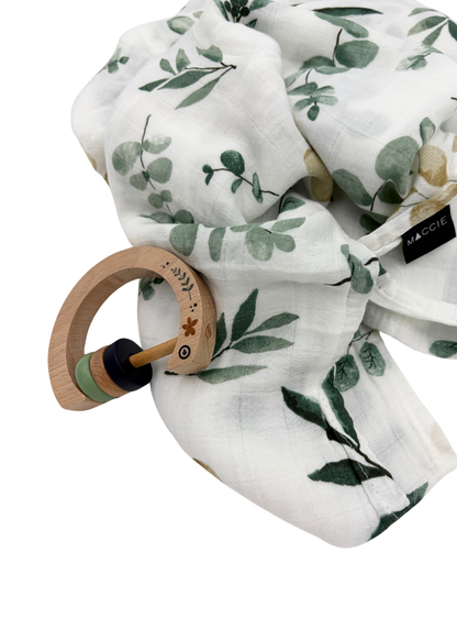 Baby Gift Set ~ Maccie Bamboo Swaddle, Wooden Milestone Disks and Rattle ~ Little Greyton