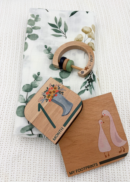 Baby Gift Set ~ Maccie Bamboo Swaddle, Wooden Milestone Disks and Rattle ~ Little Greyton