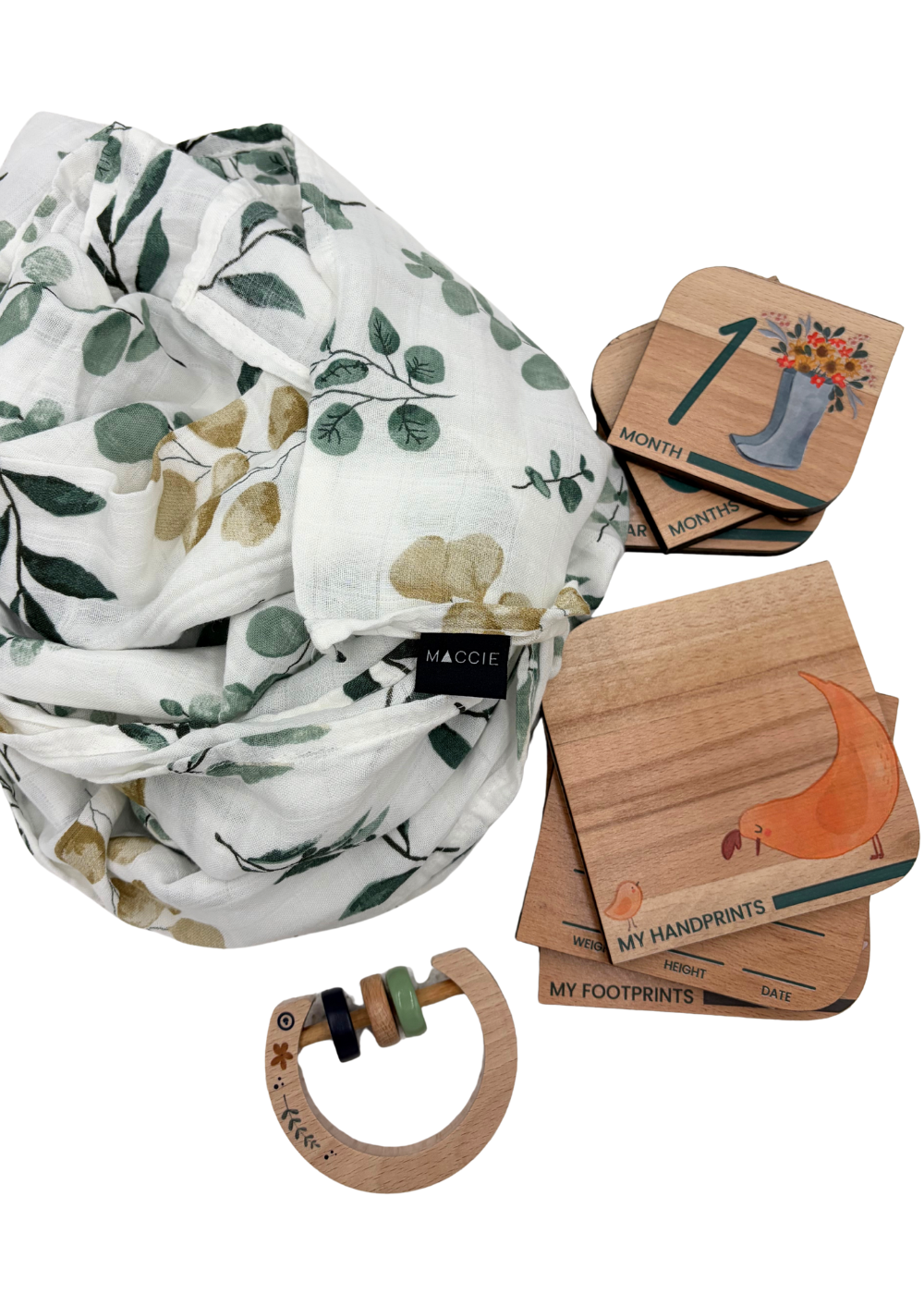 Baby Gift Set ~ Maccie Bamboo Swaddle, Wooden Milestone Disks and Rattle ~ Little Greyton