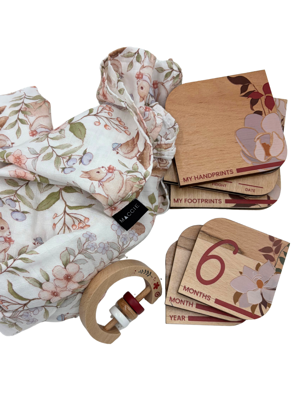 Baby Gift Set ~ Maccie Bamboo Swaddle, Wooden Milestone Disks and Rattle ~Bebe Pure